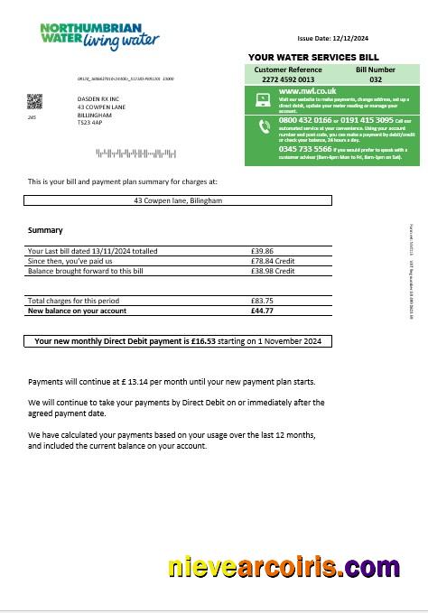 United Kingdom Northumbrian Water business utility bill, version 1